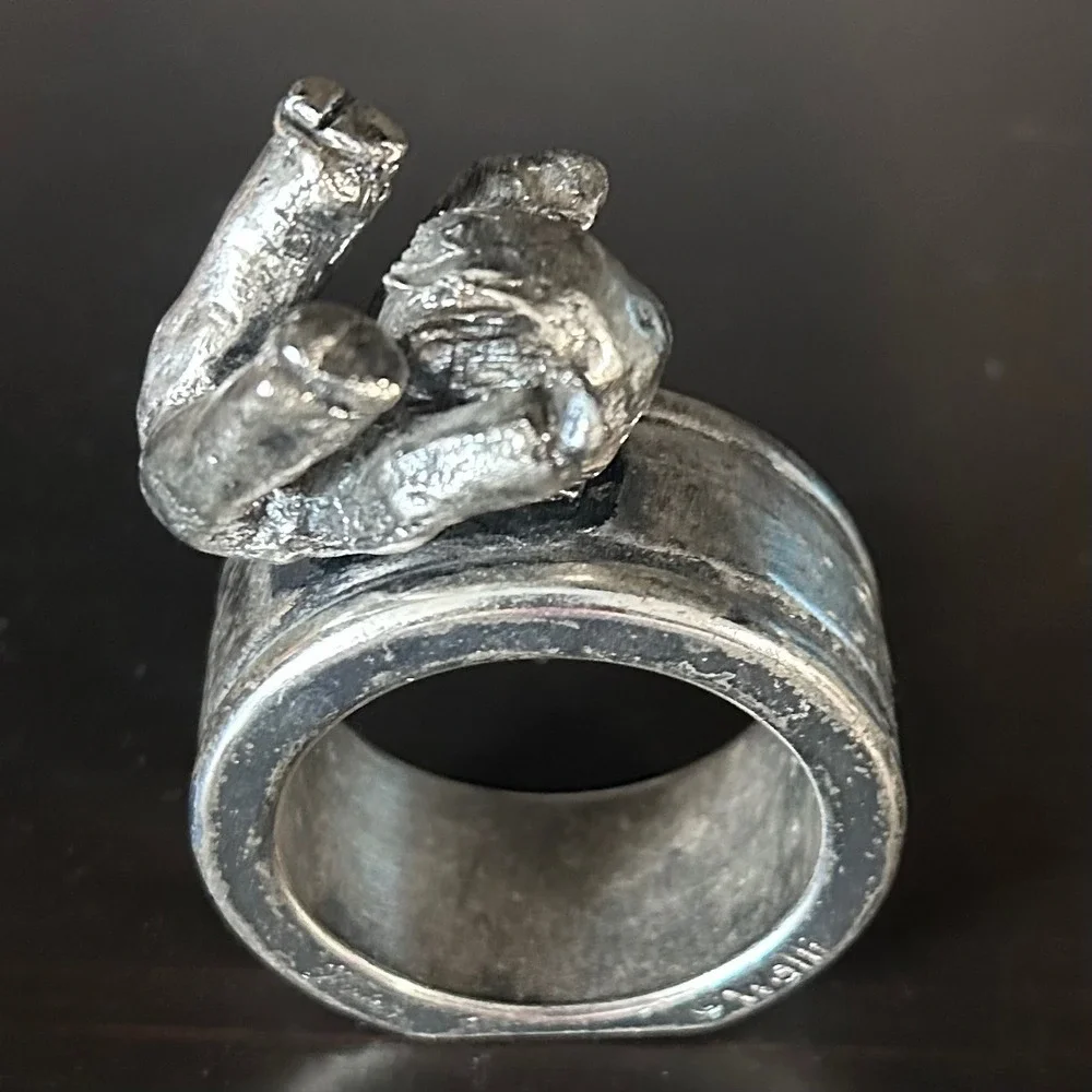 Hudson Walli Pewter Napkin Ring Brutalist Boy Playing Figurine Silver Tone USA